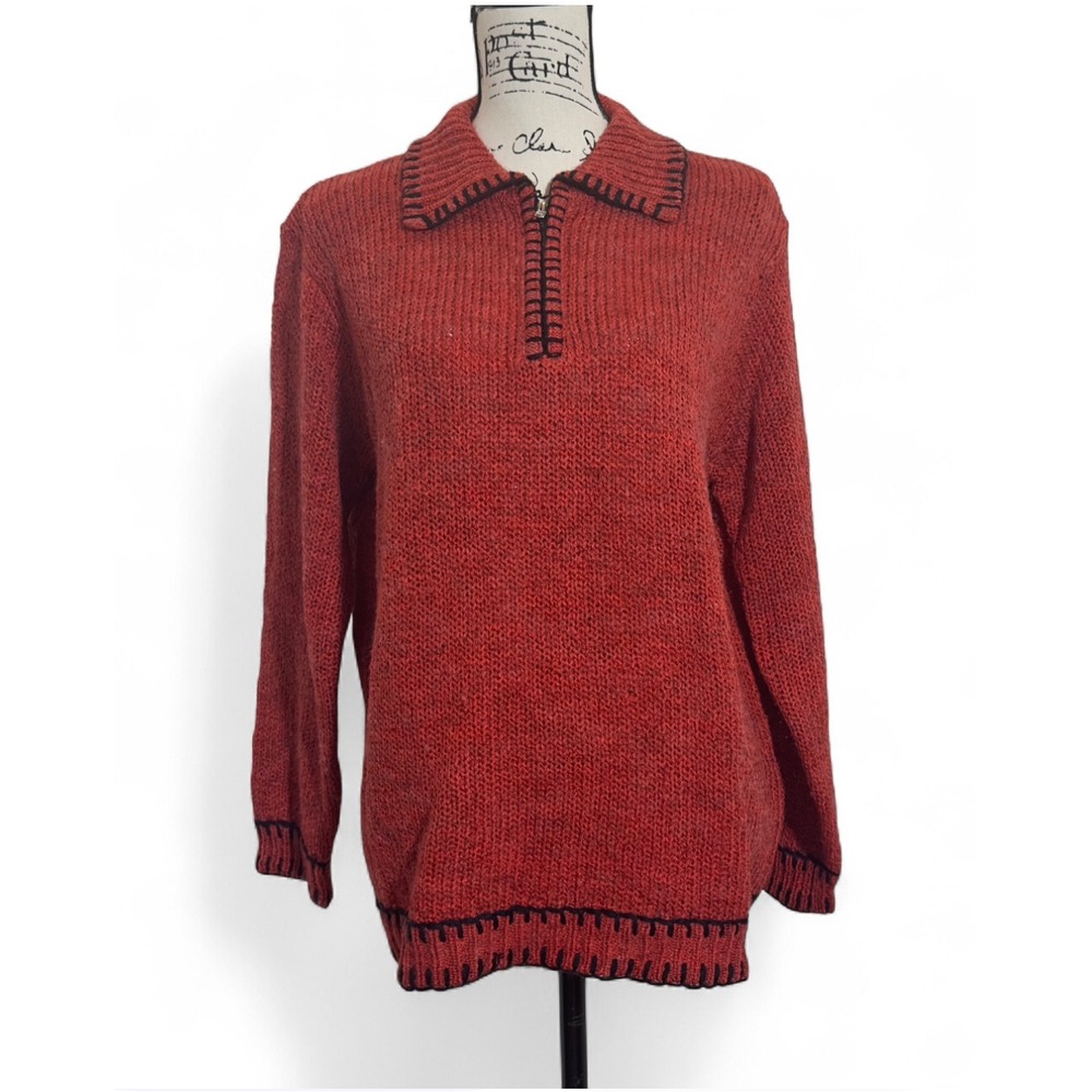 Red Knit Sweater‎ Quarter Zip Pullover Collared Long Sleeve